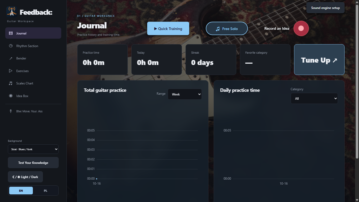 Feedback: Guitar Workspace showing the practice journal and language switch