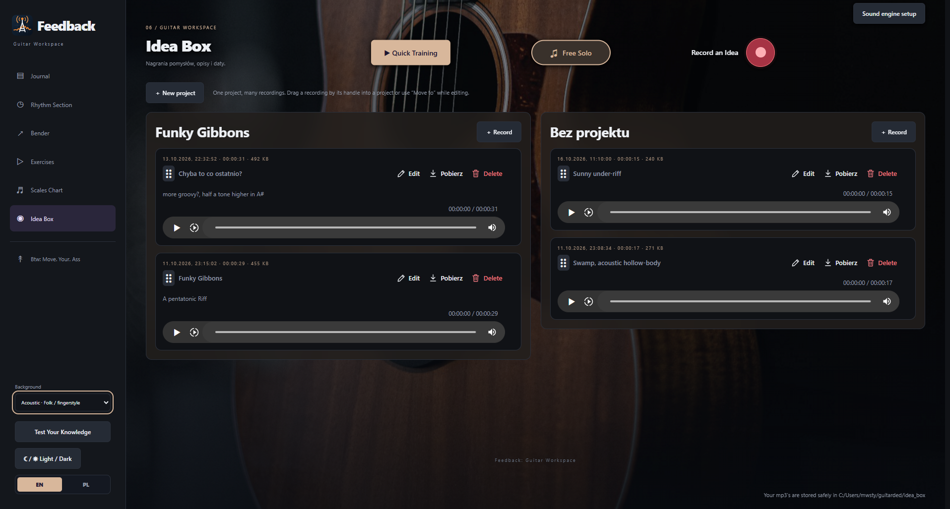 Idea Box z nagraniami gitarowymi uporządkowanymi w projekty